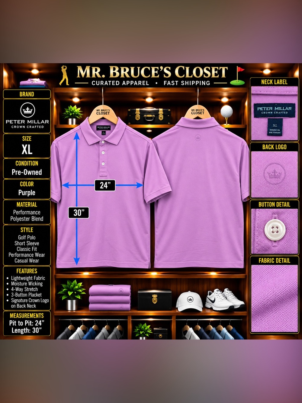 Peter Millar Lavender Short-Sleeve Golf Polo - Men's XL